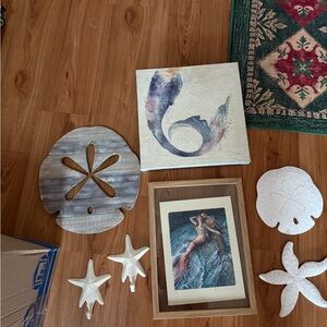 Coastal Mermaid Art Print and Nautical Wall Décor Set - White, Blue, Tan